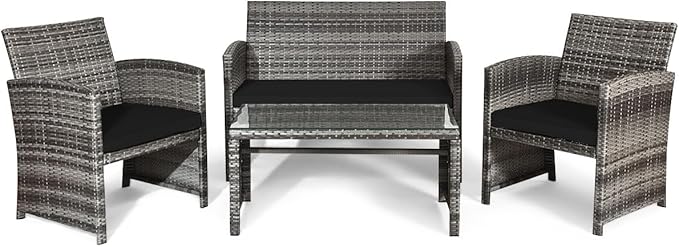 Giantex 4 Pc Patio Conversation Set, Rattan Loveseat & Patio Chairs with Cushioned Seat, Wicker Coffee Table, Outdoor Furniture Set for Front Porch Poolside Garden Lawn
