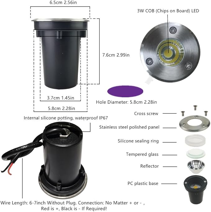 6 Pack 3W Warm White LED Well In Ground Landscape Lights IP67 Waterproof for Outdoor Lighting, Garden, Yard, Patio, Driveway, Deck, Step, Pathway, Low Voltage 12V 24V DC AC