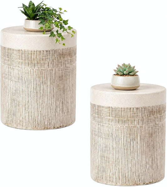 HOMPUS Outdoor Side Table Set of 2, Concrete Side Table w Vertical Thread | Patio Round Accent Coffee Table, Lightweight MgO Garden Tool for Patio, Porch and Deck, Light Beige