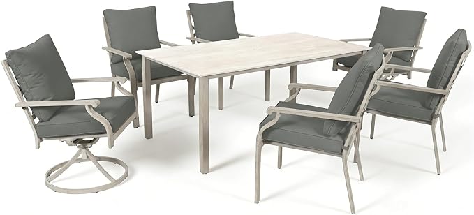7-Piece Patio Dining Set, White Food-Grade Sintered Stone Dining Table with Umbrella Hole, 4 Dining Chairs and 2 Swivel Chairs with Grey Removable Thickened Cushions for Garden Lawn Yard