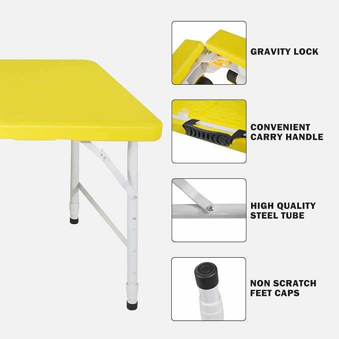 Anwick 4 Foot Folding Table Portable Fold-in-Half Plastic Picnic Table w/Handle and Steel Legs for Indoor, Outdoor, Camping, Party, Garden (Yellow, 4ft)