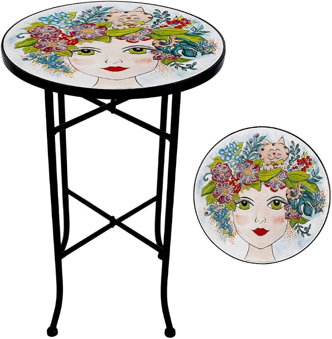 Mosaic Outdoor Side Table Small Round Patio Table Plant Stand | 21" Accent End Table with 14" Ceramic Tile Top for Small Spaces Porch Pool Garden Decor Indoor Living Room Bedroom Balcony