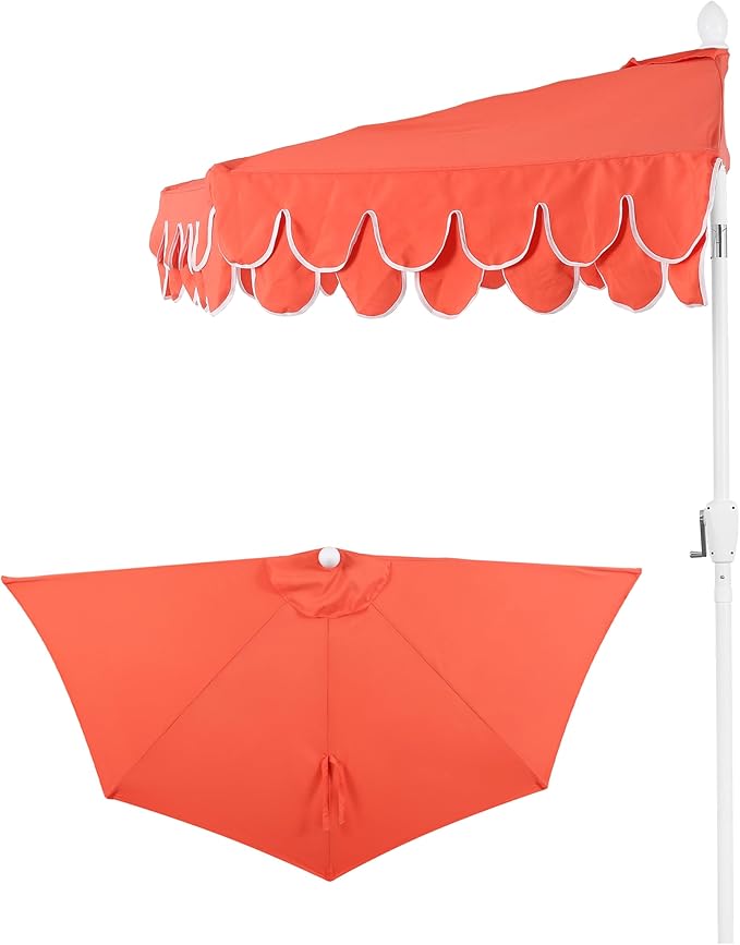 JONATHAN Y Terrace Scalloped 9 ft. Half Round Patio Umbrella with Crank Lift and Tilt, Coastal Semicircle Market Wall Umbrella for Balcony, Coral Red/White, White Pole UMB1202F