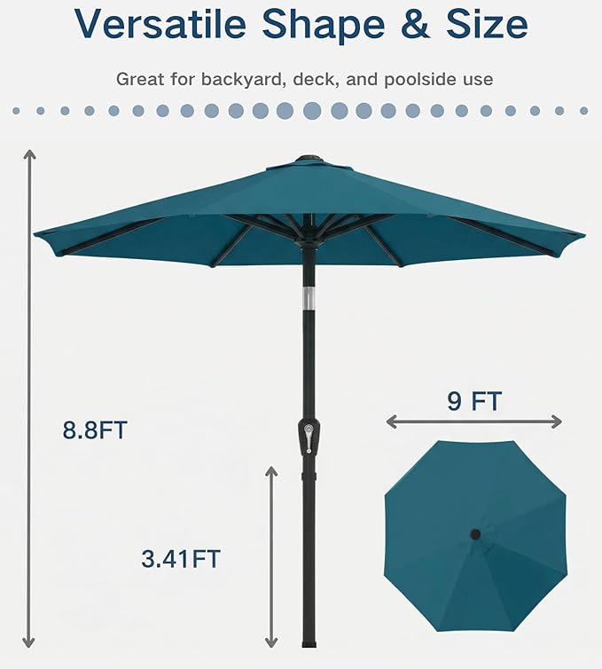 PatioKingdom Auto-Tilt 9FT Patio Umbrella Outdoor with 8 Sturdy Fiberglass Ribs,Market Table Umbrella for Pool,Backyard,Deck and Garden