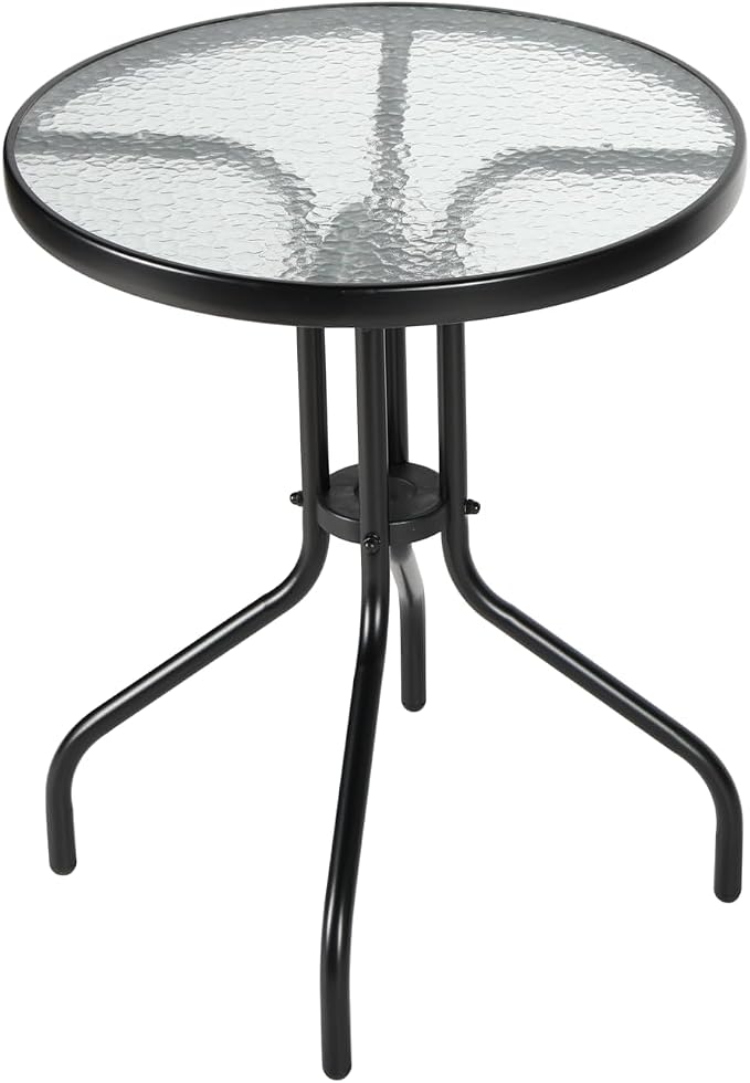 Outdoor Round Glass Small Patio Table, Tempered Glass Top with Rust-Resistant Metal Frame, Small Bistro Coffee Table for Balcony, Garden, Patio