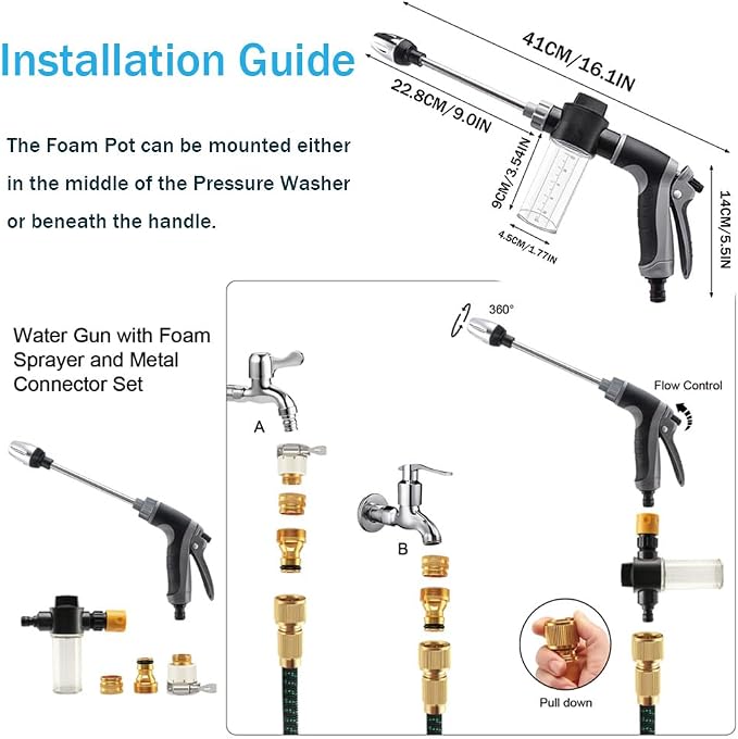 Aquoxis Pressure Washer – 15X More Powerful Than Hoses, High Pressure Hose Nozzle, with 360° Rotating for Three Spray Modes, Universal Compatibility (with Foam Pot + 3 Metal Connector)