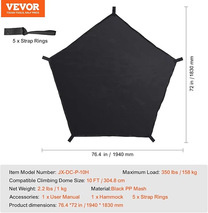 VEVOR Climbing Hammock for 10ft Dome, Load-Bearing 350 Pounds, Pentagon Jungle Gym Accessory (Hammock Only), Black