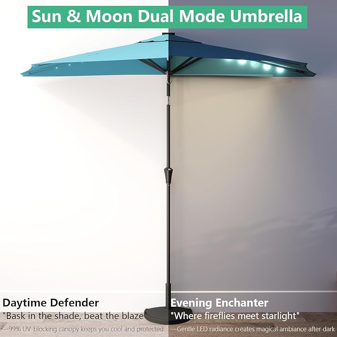 Helios&Hestia 9 ft Small Half Round Solar Powered Wall Outdoor Market Patio Umbrella with LED Lights and Tilt for Garden, Deck, Balcony
