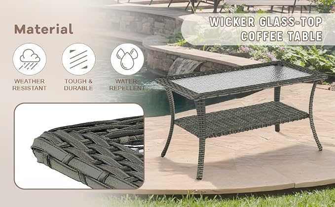 Swivel Patio Chairs sofa Set of 9 with 6" Thick Cushion - Wicker Outdoor Swivel Rocker Patio Chair ,Sofa/Glass coffee table, High Back Comfortable Outdoor Glider Chairs - Gery Wicker | Blue Cushions