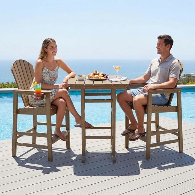 WILLIAMSPACE Height Patio Bar Table Set of 3, Outdoor Square Bar Table with Umbrella Hole, 2 Bar Stools with Cup Holders, 3-Piece All-Weather Outdoor Bistro Set for Kitchen Outside (Antique Oak)