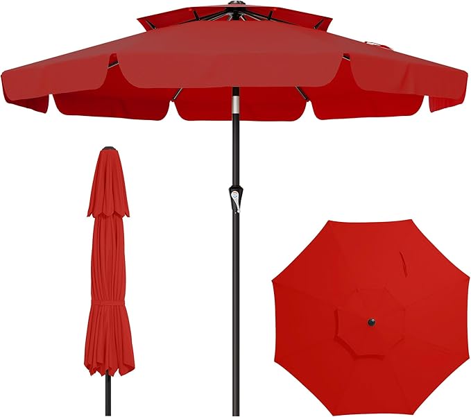 AreShark 9ft 2-Tier Patio Umbrella with Valance - Outdoor Umbrella Waterproof UV Protection, Market Table Umbrella w/Push Button Tilt&Crank for Pool, Porch, Garden(Red)