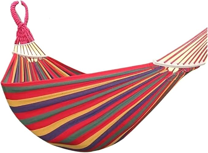 Canvas Hammock Outdoor Thickened Anti-Rollover Sleeping Swing Hanging Tree Camping(Bent Wood red Suit)