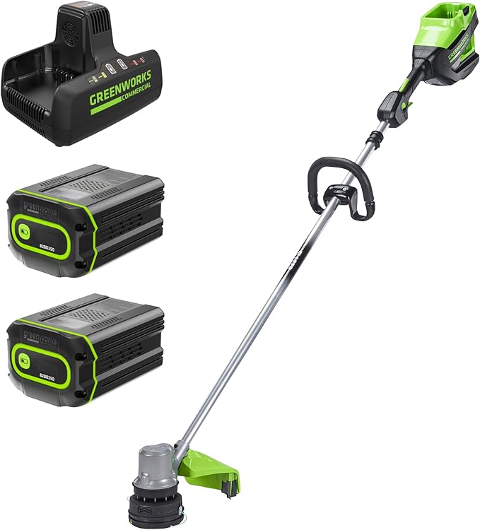 Greenworks 82V Bundle - 16" Brushless Cordless String Trimmer + (2) 2.5Ah Batteries and Dual Port Charger (Bonus Battery)