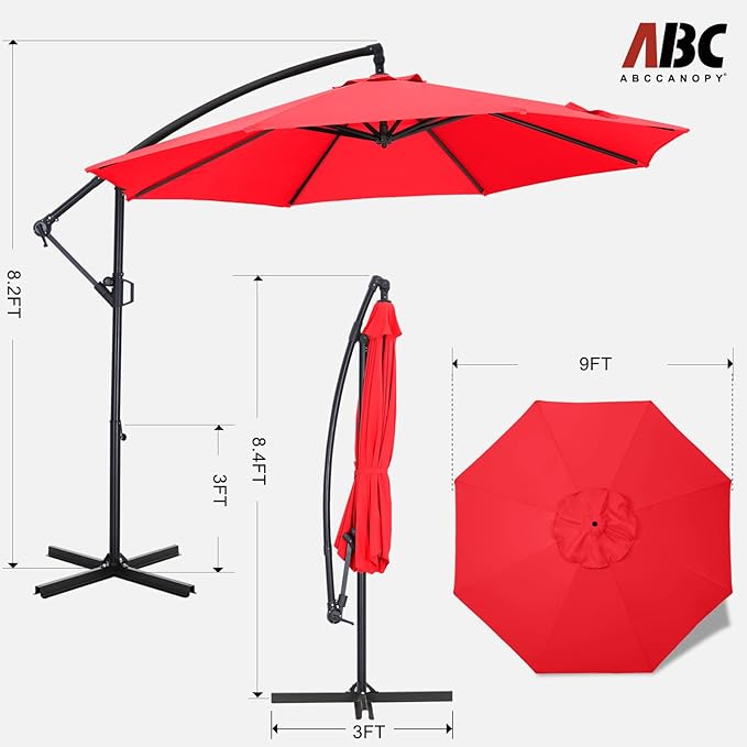 ABCCANOPY 9FT Cantilever Patio Umbrella with base included, 360° Rotation Outdoor Offset Umbrella for Backyard, Deck, Poolside (Red)