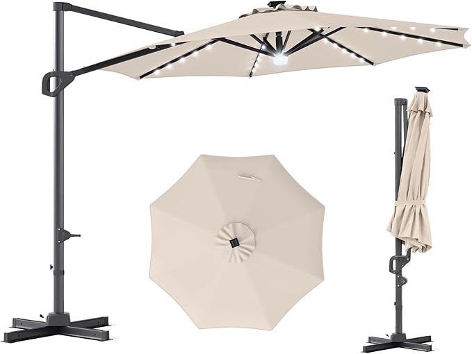 Tangkula 10ft Patio Umbrella with Solar Lights, Offset Cantilever Square Outdoor Umbrella with 35 LED Lights, Aluminum Pole, 360 Degree Rotation, Tilt Adjustment, Air Vent for Pool Deck Yard (Beige)