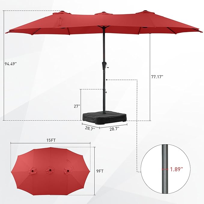 15 ft Patio Umbrella with Base, Large Rectangle Outdoor Umbrella with Matching Stand, Strap, Crank, Red