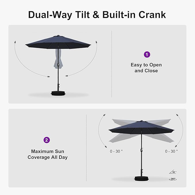 PURPLE LEAF 9' Round Patio Umbrella Outdoor Table Umbrella Aluminum Frame Market Umbrella with 8 Sturdy Ribs & Tilt for Garden Deck Lawn Pool Navy Blue
