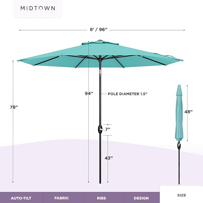 Midtown Umbrellas - The Lean 8 Ft Patio Umbrella with Fade-Resistant Sunbrella Fabric, Auto-Tilt Aluminum Frame and 8 Reinforced Ribs for Deck, Pool & Garden - Aruba Canopy, Black Pole