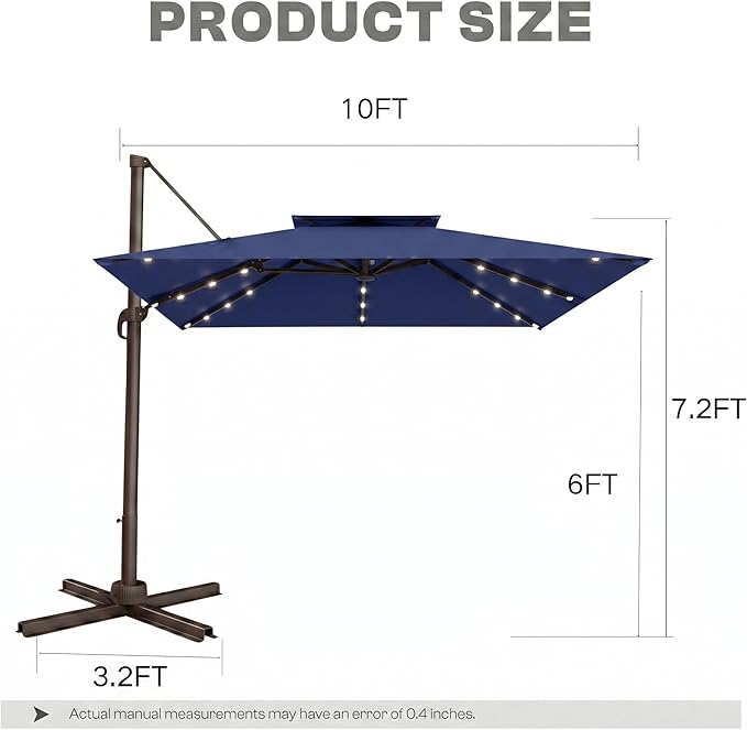 10FT Cantilever Patio Umbrella with Solar Lights, Large Outdoor 2 Tier Aluminum Offset Square Umbrellas 360 Degree Rotation for Garden Deck Pool