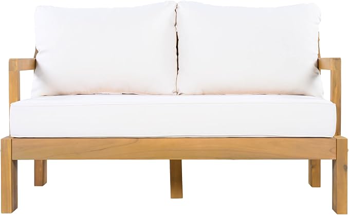 Christopher Knight Home Bayah 4 Piece Patio Furniture Set with Removable Cushion, Acacia Wood Outdoor Sectional Sofa Set with Coffee Table, 4 Seater Outdoor Conversation Set, Beige+Natural