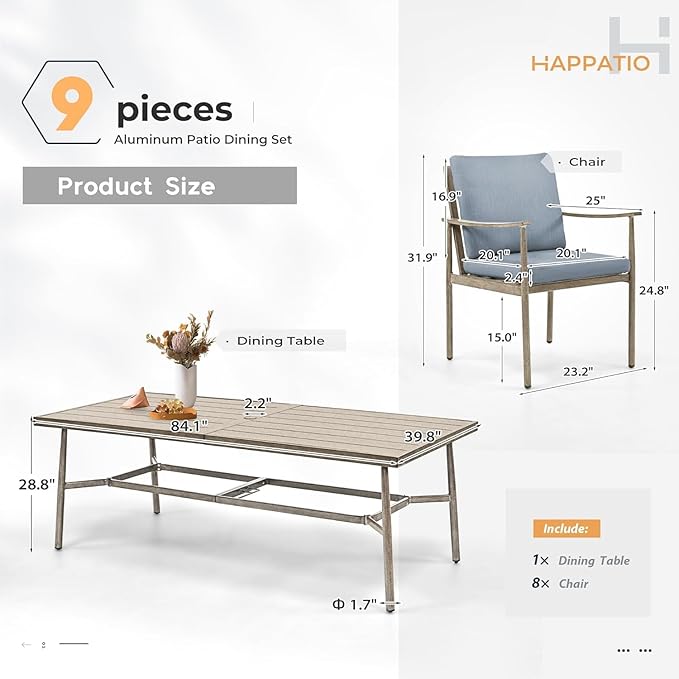 HAPPATIO 9-Piece Patio Table and Chairs Set for 8, Aluminum Outdoor Dining Set with Cushions, 8 Dining Chairs, 1 Large Rectangular Table with Umbrella Hole for Lawn, Porch, Backyard, Brown