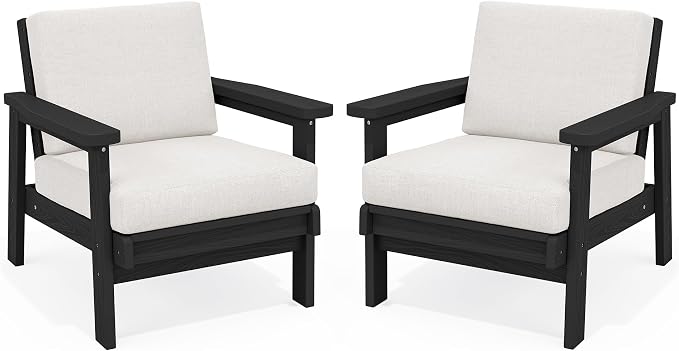 SERWALL HDPE Outdoor Couch Set of 2, All-Weather Wood-Like Patio Furniture Set, Black Outdoor Sofa Chairs with Khaki Cushions
