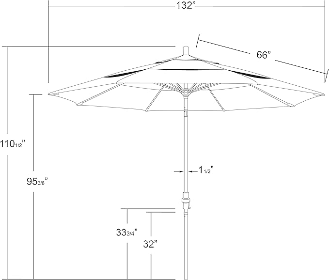 California Umbrella 11' Rd. Fiberglass Rib Patio Umbrella, Crank Lift, Collar Tilt, White Pole, Red