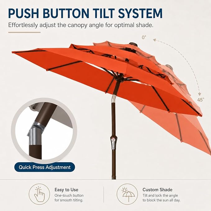 10ft Patio Umbrella, 3-Tier Vented Outdoor Table Umbrella with 8 Sturdy Fiberglass Ribs, Windproof Market Umbrella with Push Button Tilt and Crank, UV Protection for Deck, Pool, Terracotta