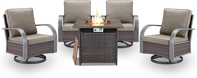 Belord 5 Pieces Patio Furniture Set with Fire Pit Table - 4 Outdoor Swivel Rocker Chairs with 50000 BTU Propane Fire Pit Table, Patio Conversation Sets for Outside Backyard Patio Casual Gathering