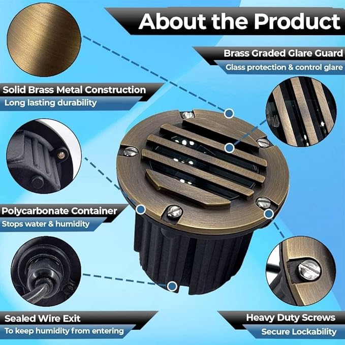 LED Low Voltage Landscape Lighting Well Lights 112 - Solid Brass In Ground Lights for Outside, Long Lasting Home and Garden 12 Volt Landscape Lighting with Ground Spake & Connectors (Without Bulb)