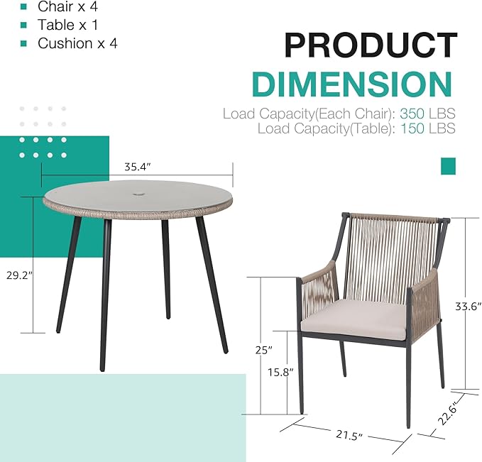 Patiorama 5-Piece Patio Dining Set, Outdoor Dining Table Chair Set, All-Weather Embossed Rattan Wicker Rope Conversation Set w/Umbrella Hole, Patio Furniture Set, 4 Cushioned Chairs&Glass Table(Beige)