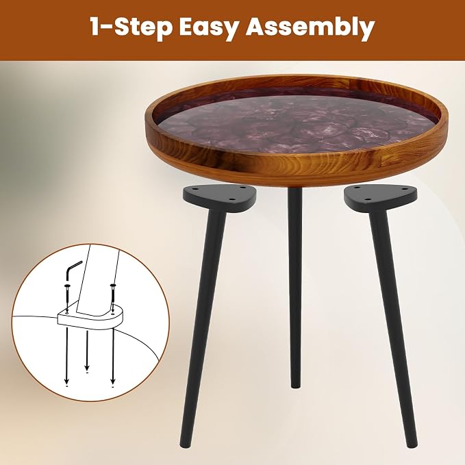 Giantex Outdoor Side Table, Round End Table with Epoxy Resin Finish, Sea Shell Decoration, Mahogany Wood Frame, Tray Top, Patio Side Table for Living Room, Pool, Yard, Porch (Brown, 16” x 16” x 19.5”)