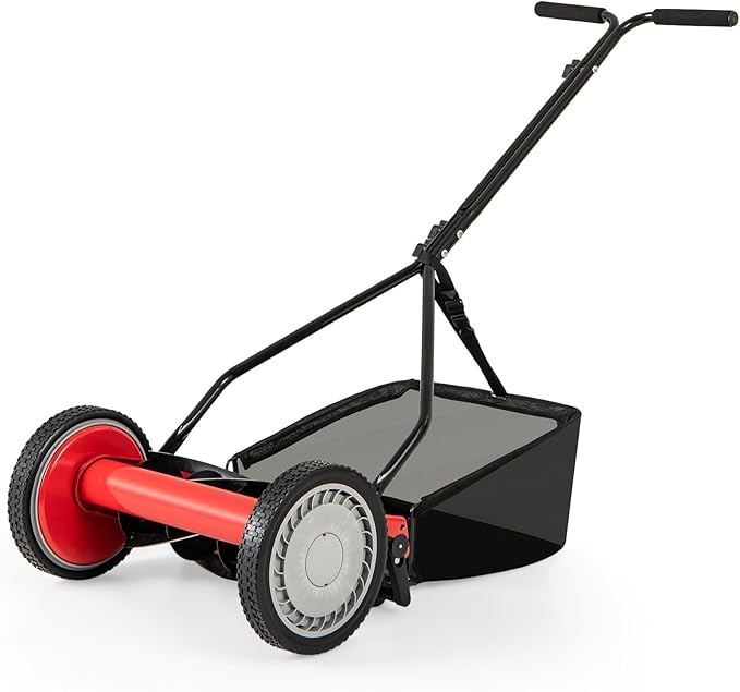 Push Lawn Mower, 14" Manual Rear Mower with 5 Steel Blades, Adjustable Cutting Heights & Grass Catcher Bag, Walk-Behind Grass Cutter Lawn Sweeper for Garden, Park & Yard (Red)