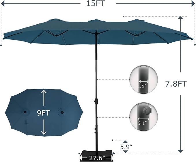 GREEN PARTY 15 ft Rectangular Patio Umbrella with Base Included, Large Double-Sided Outdoor Table Umbrella with Crank, 1.9" Pole UPF 50+ UV Resistant for Pool Deck Backyard Garden, Cerulean