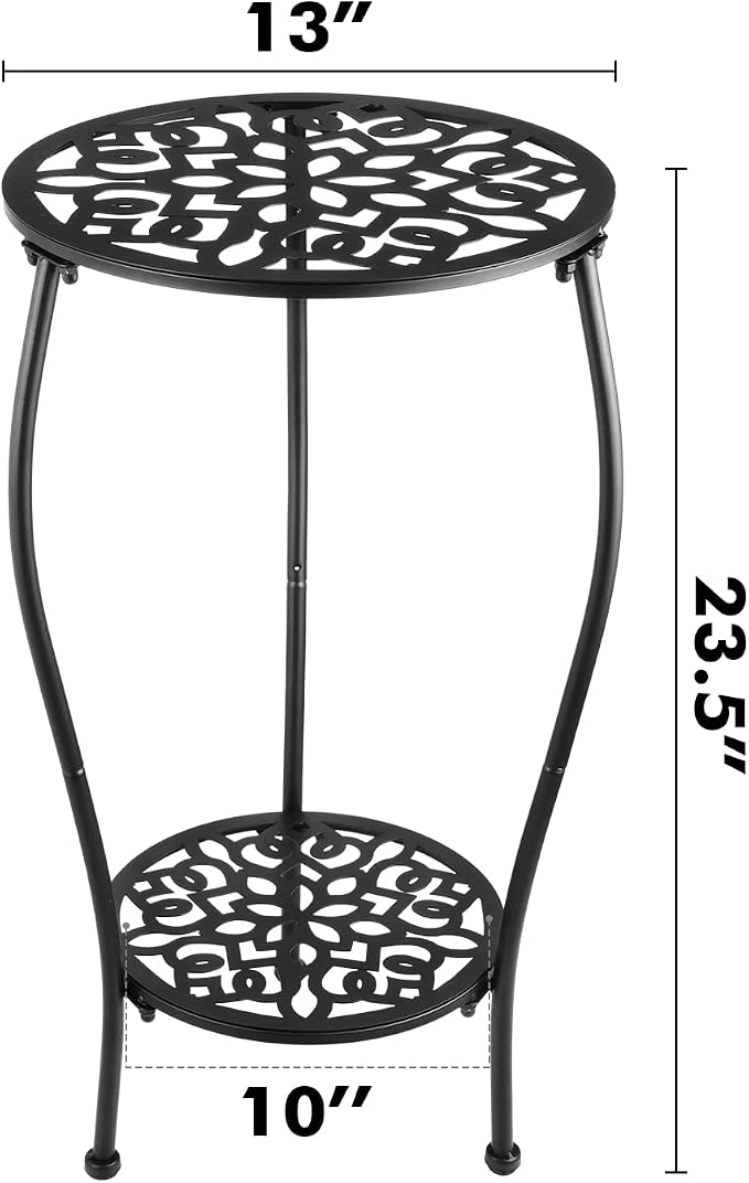 2-Pack 13" 2-tiered Metal Round Side Tables Small Black Outside End Table for Patio Round Accent Garden Corner Stand for Small Spaces Weather-resistant Outdoor Coffee Table for Balcony, Black
