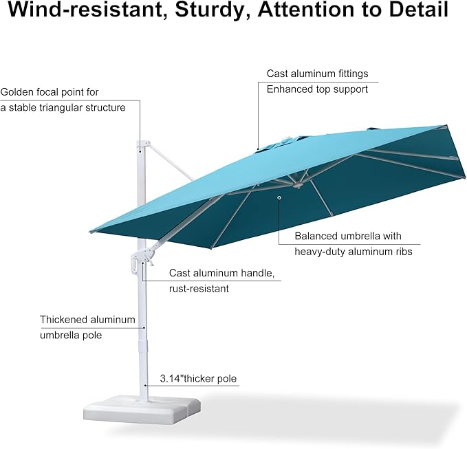 PURPLE LEAF 10 FT Patio Umbrella With Base White Cantilever Umbrella Square Outdoor Offset Umbrella Windproof with 360° Rotation for Garden Deck Pool, Turquoise