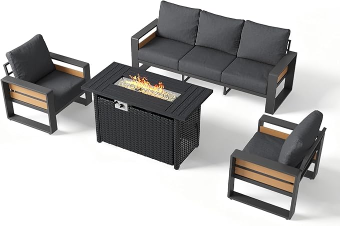 Aoxun Aluminum Patio Furniture Set with Fire Pit Table, 5 Seats Luxury Outdoor Sectional with 6" Olefin Fabric Cushions, Patio Conversation Sets with Outdoor Sofas for Backyard, Deck Dark Grey