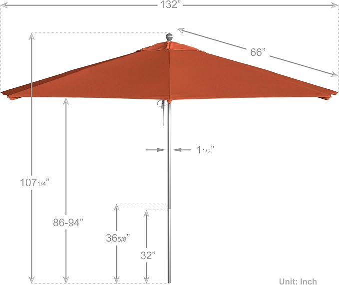 California Umbrella 11Ft Commercial Grade Sunbrella Fabric Market Umbrella, Pulley Lift, Aluminum/Fiberglass, 2mm pole wall, Silver Frame, Melon Fabric