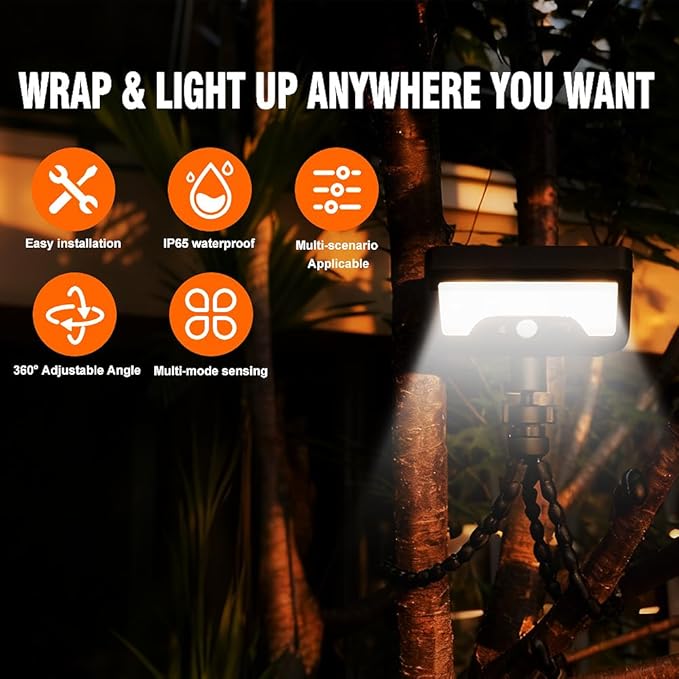 Solar Lights,Outdoor Solar Motion-Activated Light with Flexible Octopus Tripod 360° Can be Wrapped Around Tree Trunks,Dual Charging,Outdoor Sercurity Lights for Deck Fence, Garden (White)