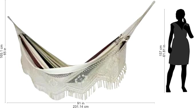 NOVICA Dark Green Brown White Stripe 2 Person Cotton Brazilian Hammock with White Crochet Fringe, 'Joyous Earth' (Double)