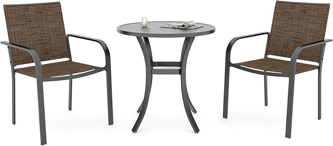 Anmutig Small Outdoor Dining Set with Patio 27.5" Round Table and 2 Stackable Brown Chairs - 3 Piece