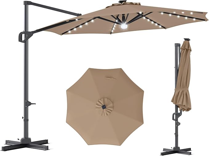 Tangkula 10ft Patio Umbrella with Solar Lights, Offset Cantilever Square Outdoor Umbrella with 35 LED Lights, Aluminum Pole, 360 Degree Rotation, Tilt Adjustment, Air Vent for Pool Deck Yard (Tan)