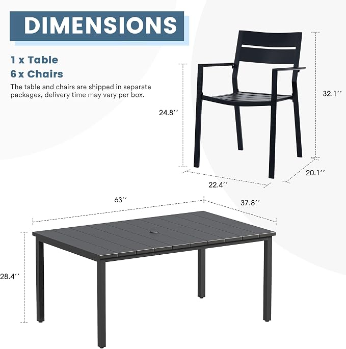 DIFY 7 Pieces Outdoor Patio Dining Set, 6 Black Stackable Metal Dining Chairs and 63" Black Rectangle Dining Table, Outdoor Table and Chairs for Lawn Garden Backyard Deck