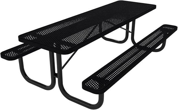 COATEDOUTDOORFURNITURE Heavy-Duty Portable Outdoor Picnic Table, Thermoplastic Coated Punched Steel Commercial-Grade Patio Dining Furniture Made in America (8ft Rectangular, Black)