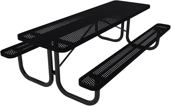 COATEDOUTDOORFURNITURE Heavy-Duty Portable Outdoor Picnic Table, Thermoplastic Coated Punched Steel Commercial-Grade Patio Furniture Made in America (8ft Rectangular, Black with Black Frames)