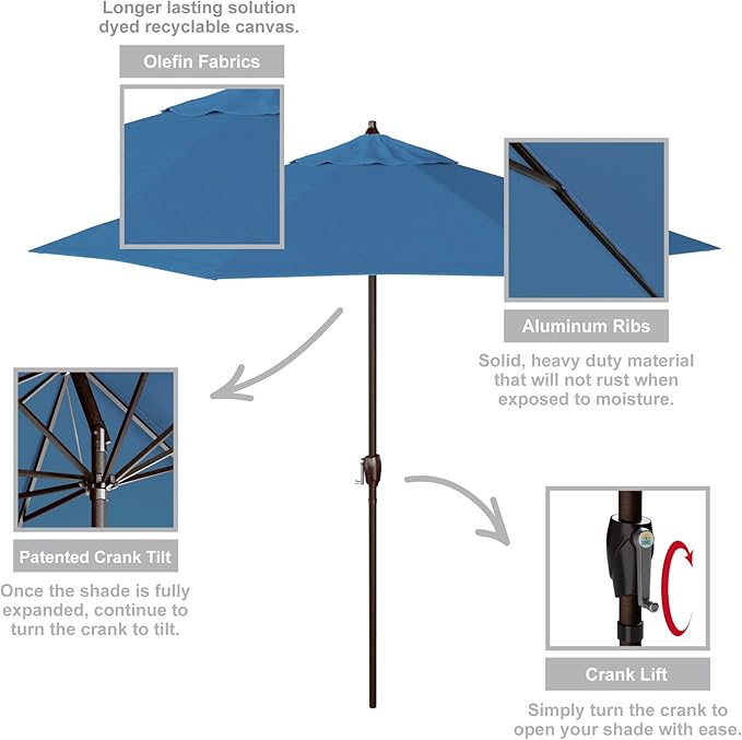 California Umbrella 9' Round Aluminum Outdoor Deck, Pool or Patio Umbrella, Crank Lift, Auto Tilt, Bronze Pole, Frost Blue Olefin