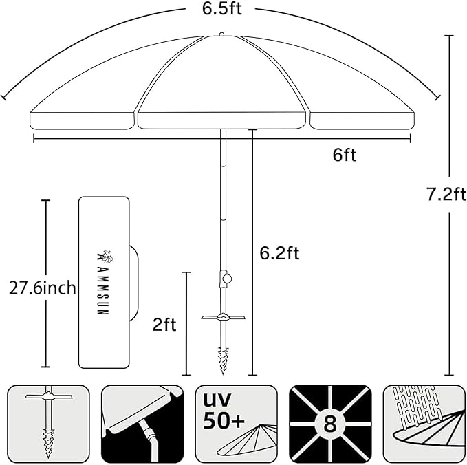 AMMSUN 6.5ft Twice Folded Portable beach umbrella with Sand Anchor Windproof Tilt Pole Air vent UPF 50+ Protection Fits in a large Suitcase Compact For Travel Patio Garden Pool Backyard Sky Blue