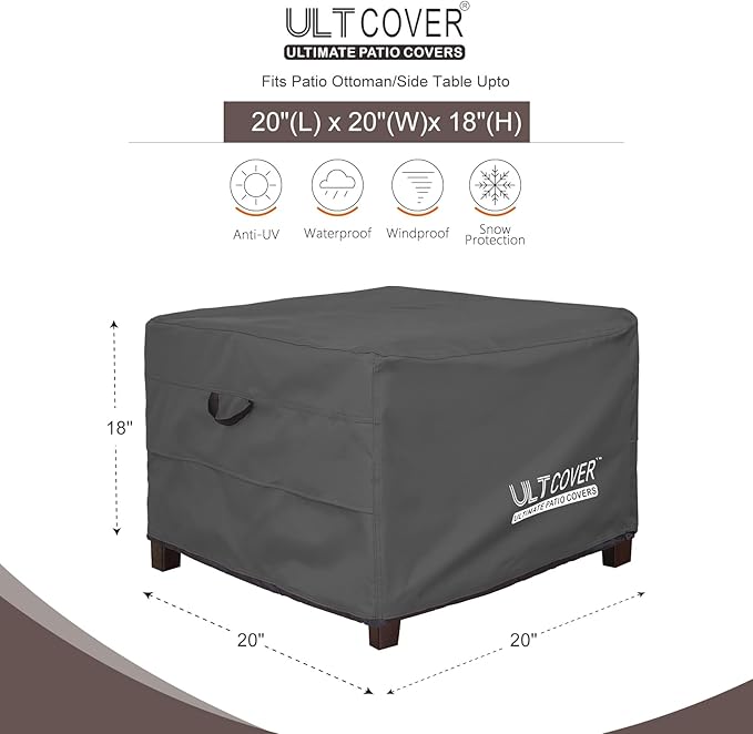 ULTCOVER Waterproof Patio Ottoman Cover Square Outdoor Side Table Furniture Covers Size 20L x 20W x 18H inch, Black