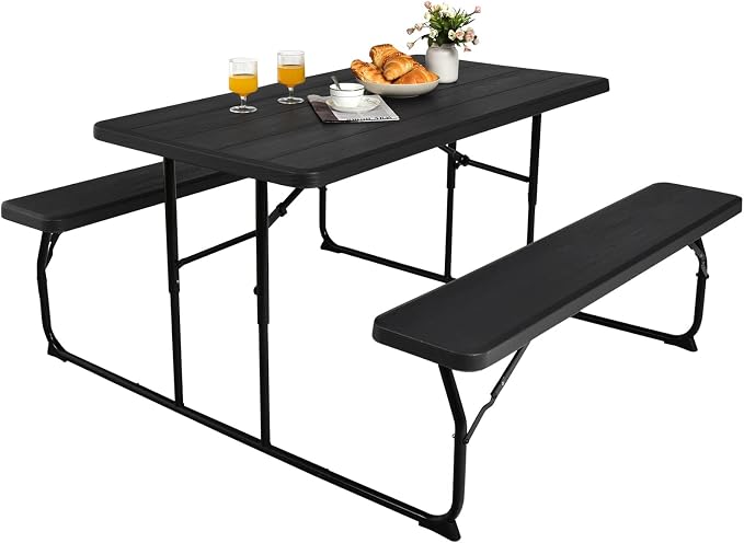 Giantex 4.5 FT Folding Picnic Table Bench Set- Outdoor Dining Set for 4-6 Persons w/All-Weather HDPE Tabletop, Metal Leg, Large Outside Dining Table for Lawn Patio Garden Yard Poolside, Black