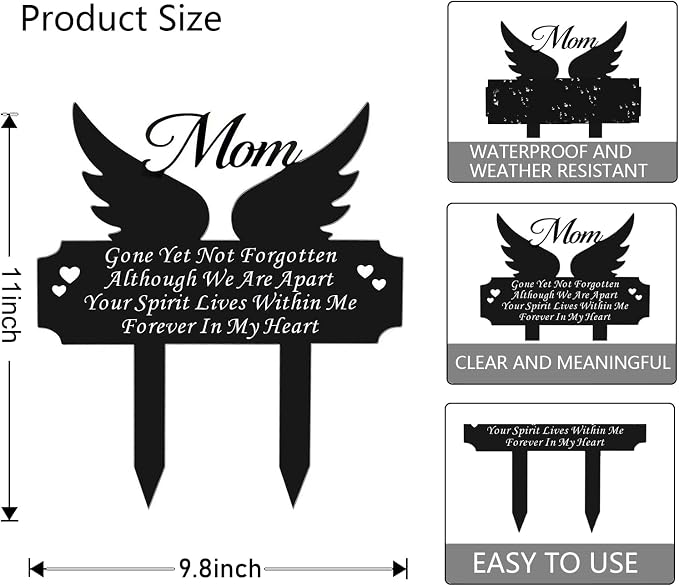 Metal Grave Marker Stake - Cemetery Garden Decor for Mom, Rust-Proof All-Weather Outdoor Remembrance Plaque, in Loving Memory of Mom Memorial Yard Sign